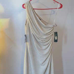NWT Ralph Lauren 1 Shoulder Silver Metallic Midi Cocktail Dress S 12
